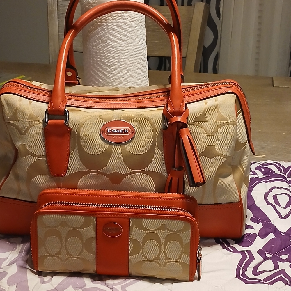 Coach Legacy Haley Tan and Orange Signature Satchel And Matching Wallet